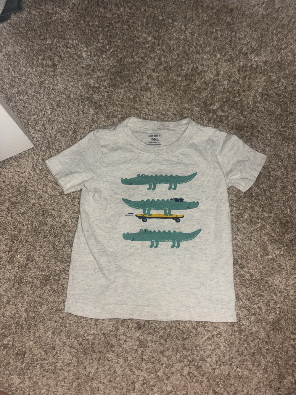 Carter's Light Gray Tee with Green Alligator Skateboard Design